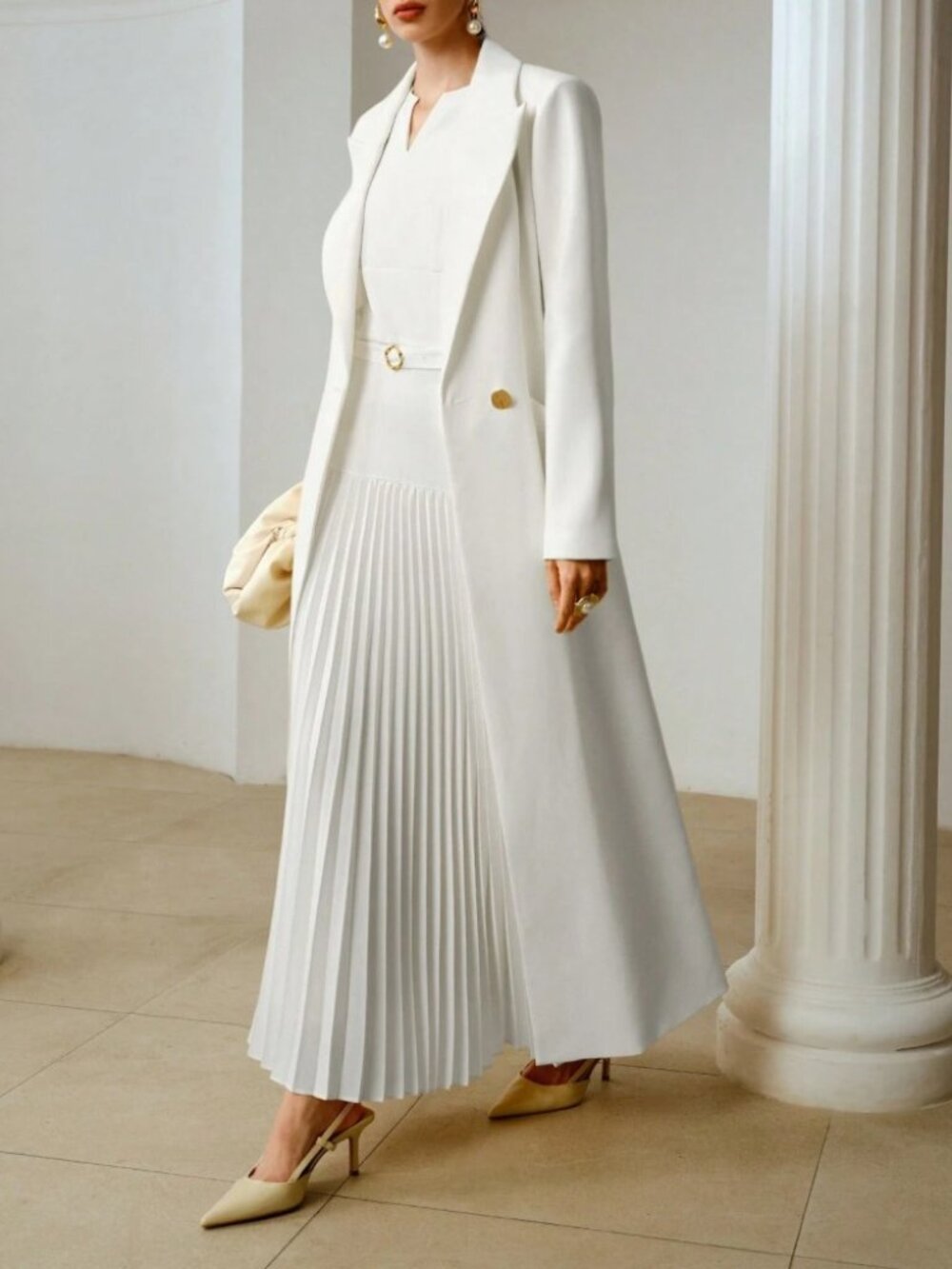 White Long Tailored Coat with Double Breasted Buttons - Picture 2 of 7